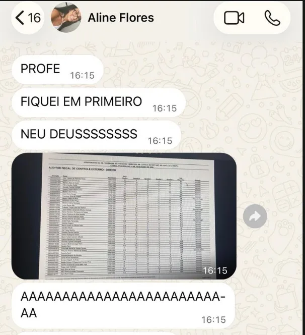 Mensagem de aluna aprovada