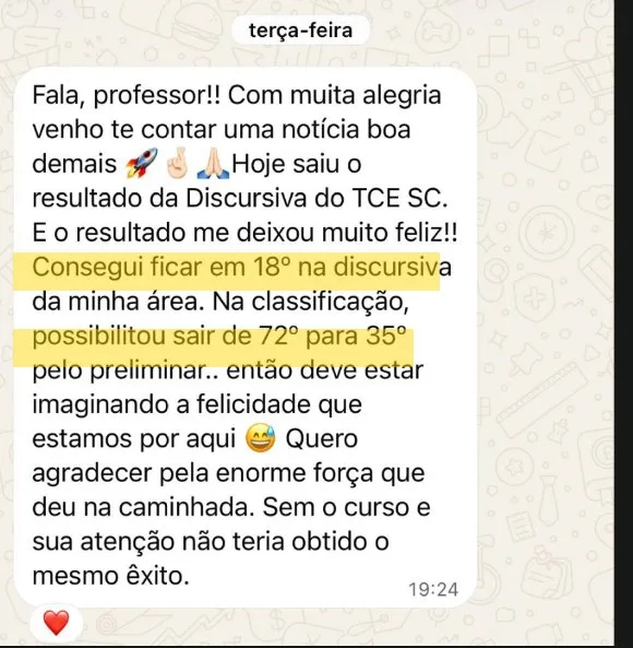 Mensagem: 18º na discursiva · TCE-SC